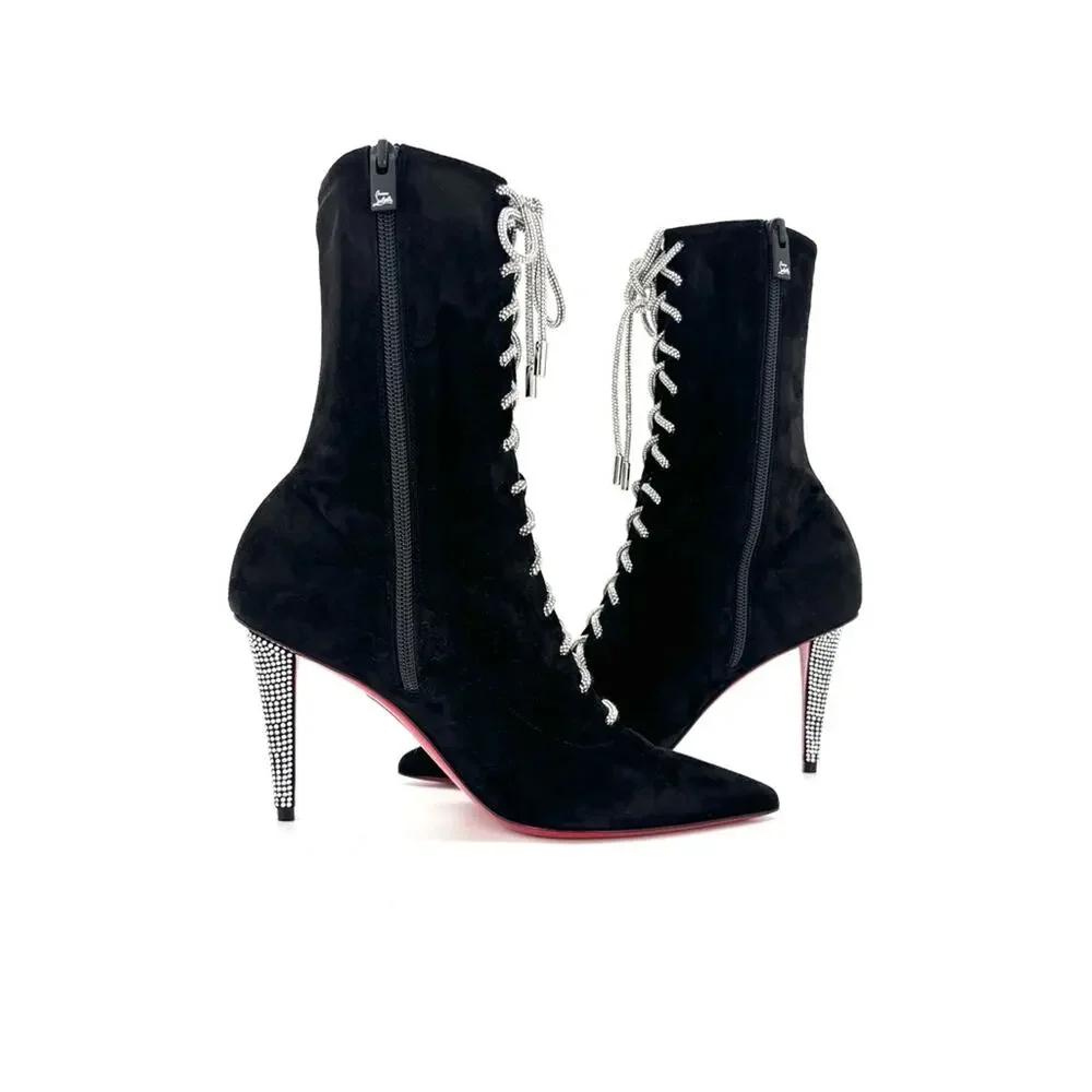 NEW Christian Louboutin Astrid Lace Strass Booty 85 Embellished Boots 37 - Picture 6 of 10